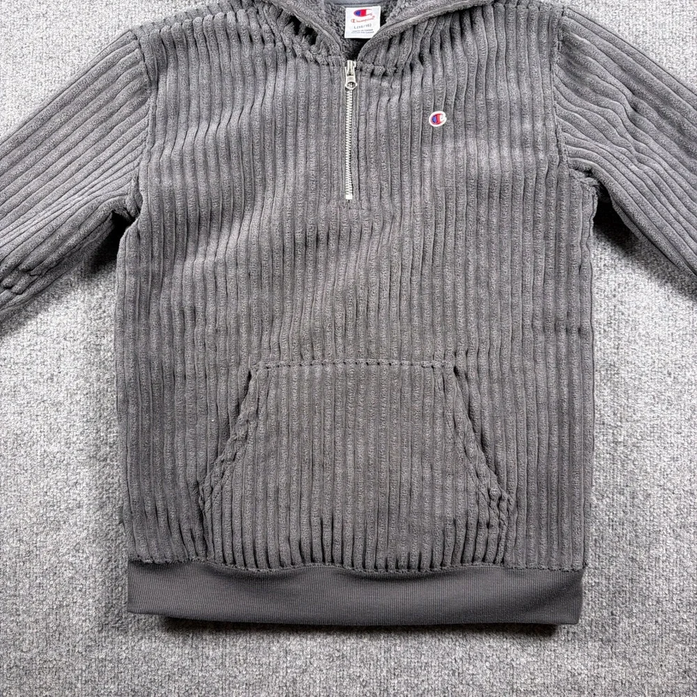 Champion Corduroy Hoodie Quarter Zip Boys Size L 14/16 Grey Sherpa‎ Lined